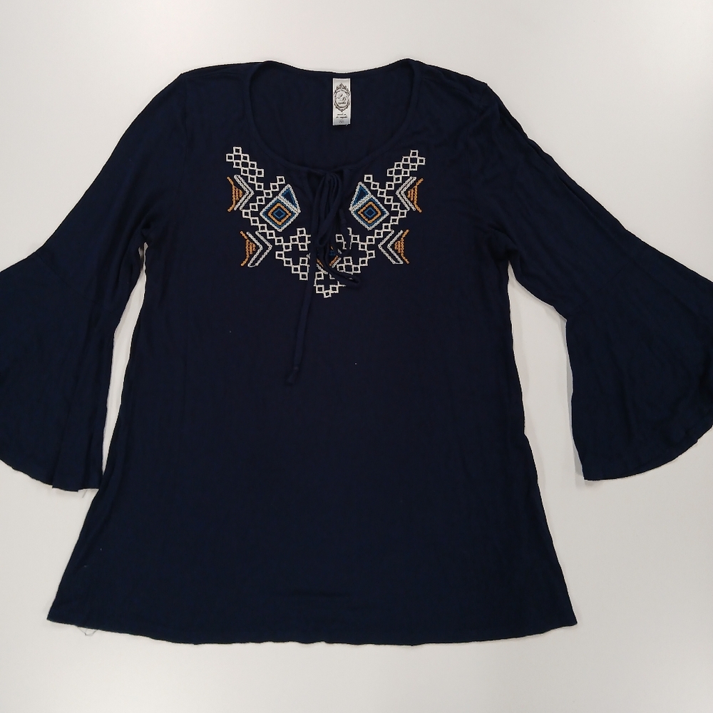 2B Together Boho Embroidered Navy Tunic 3/4 Bell Sleeve Off Shoulder Stretch